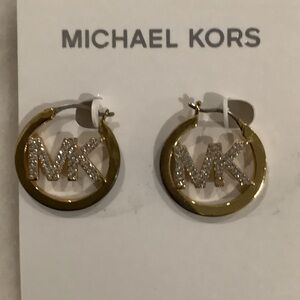 Michael Kors Gold and Silver Pave Logo Huggie Hoop Earrings, Brand New